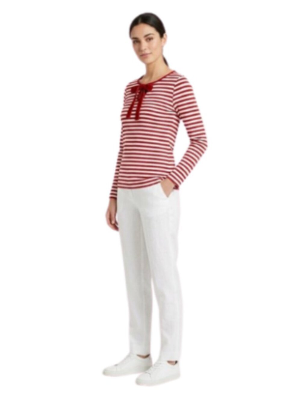 Talbots Striped Long Sleeve Bow Neck Top Red White XS Classic Coastal Grandma